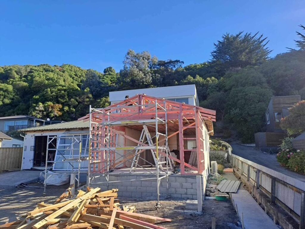 House extension framing in progress in Kaikōura, completed by Stanton Builders, specialists in home renovations and new builds.