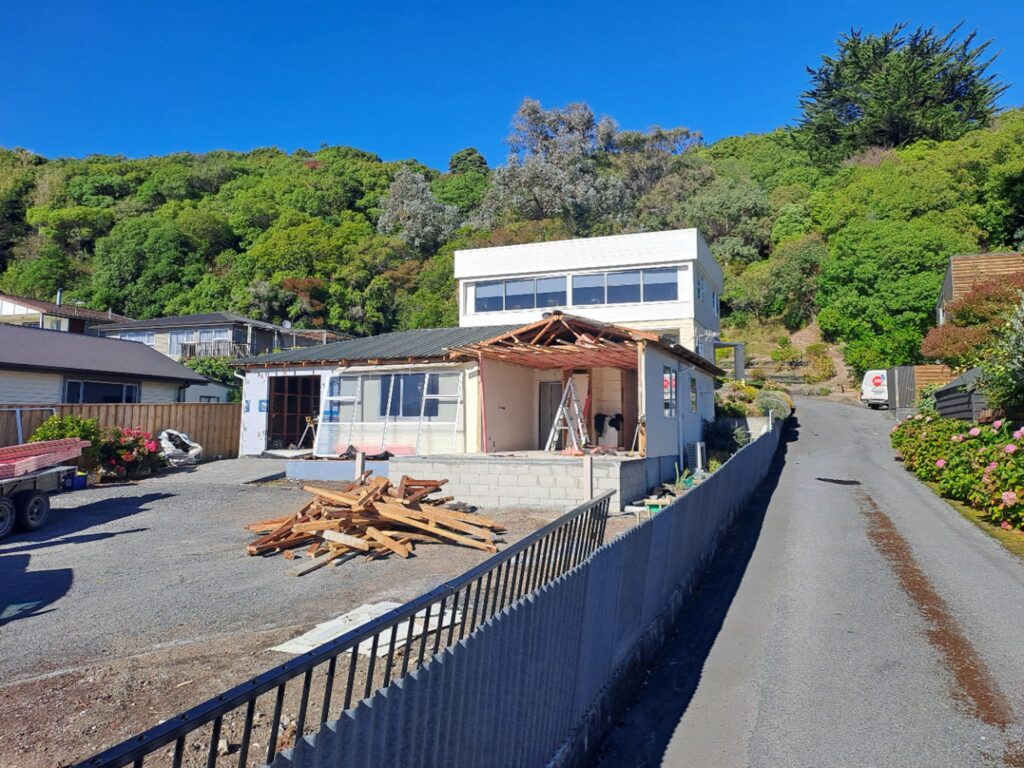 Residential renovation project mid-demolition in Kaikōura, managed by Canterbury building company Stanton Builders.